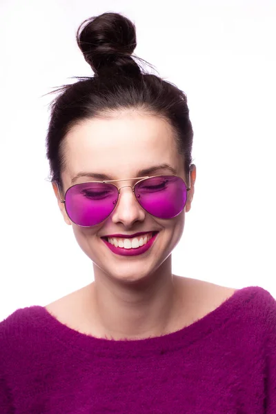 Girl Purple Sweater Purple Glasses Purple Lipstick Her Lips — Stock Photo, Image