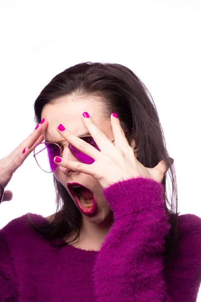 Girl Purple Sweater Purple Glasses Purple Lipstick Her Lips — Stock Photo, Image