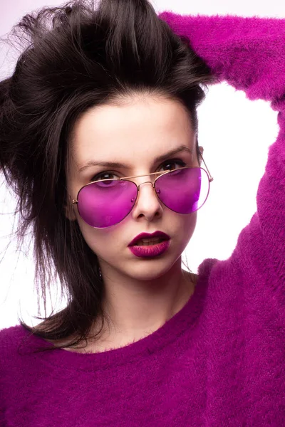 Girl Purple Sweater Purple Glasses Purple Lipstick Her Lips — Stock Photo, Image