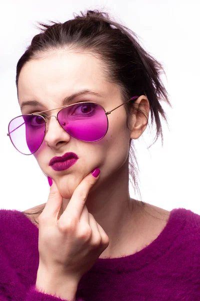 Girl Purple Sweater Purple Glasses Purple Lipstick Her Lips — Stock Photo, Image