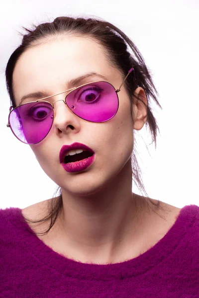 Girl Purple Sweater Purple Glasses Purple Lipstick Her Lips — Stock Photo, Image