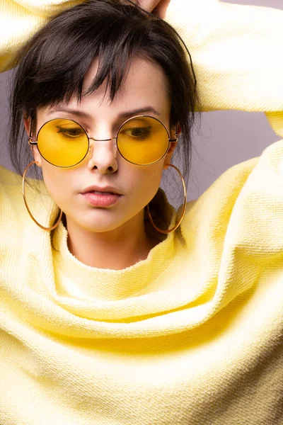 Beautiful Girl Yellow Glasses Yellow Sweater — Stock Photo, Image