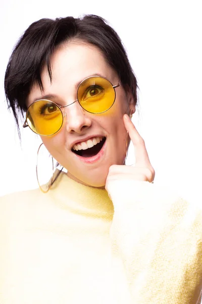 Beautiful Girl Yellow Glasses Yellow Sweater — 스톡 사진