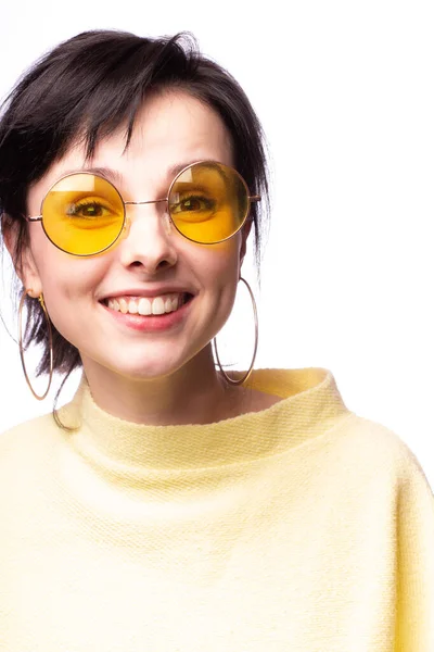 Beautiful Girl Yellow Glasses Yellow Sweater — 스톡 사진