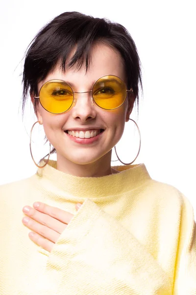 Beautiful Girl Yellow Glasses Yellow Sweater — 스톡 사진