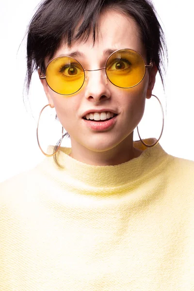 Beautiful Girl Yellow Glasses Yellow Sweater — 스톡 사진