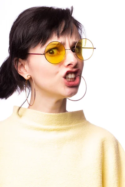 Beautiful Girl Yellow Glasses Yellow Sweater — 스톡 사진