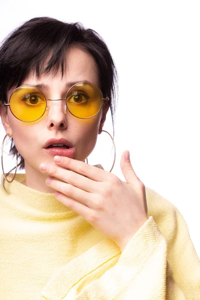 Beautiful Girl Yellow Glasses Yellow Sweater — 스톡 사진