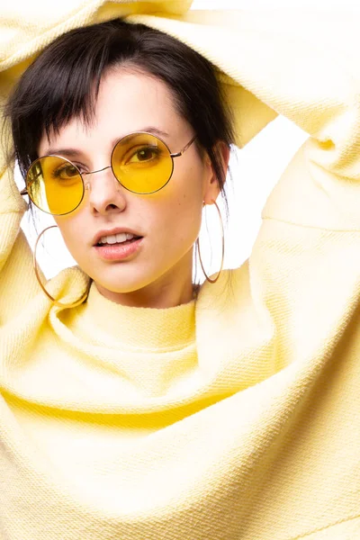 Beautiful Girl Yellow Glasses Yellow Sweater — 스톡 사진