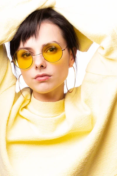 Beautiful Girl Yellow Glasses Yellow Sweater — 스톡 사진