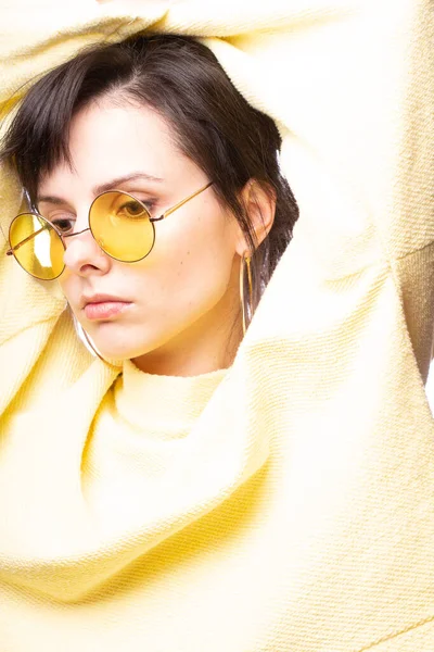 Beautiful Girl Yellow Glasses Yellow Sweater — 스톡 사진