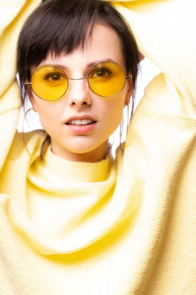 Beautiful Girl Yellow Glasses Yellow Sweater — 스톡 사진