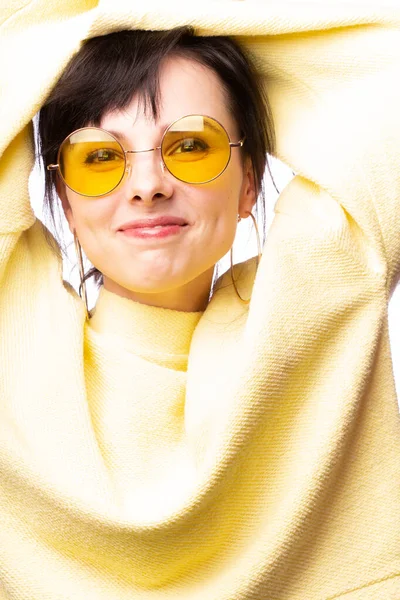 Beautiful Girl Yellow Glasses Yellow Sweater — Stock Photo, Image