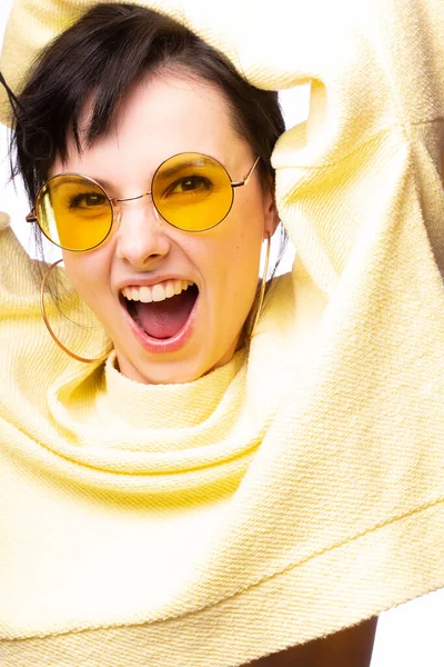 Beautiful Girl Yellow Glasses Yellow Sweater — 스톡 사진