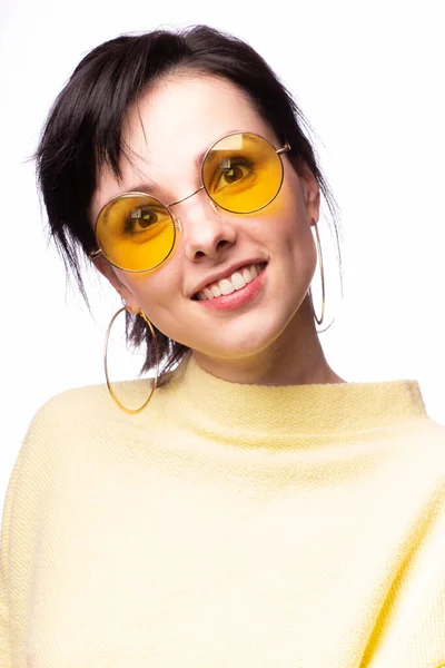 Beautiful Girl Yellow Glasses Yellow Sweater — 스톡 사진