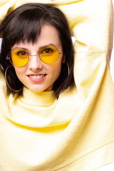 Beautiful Girl Yellow Glasses Yellow Sweater — Stock Photo, Image