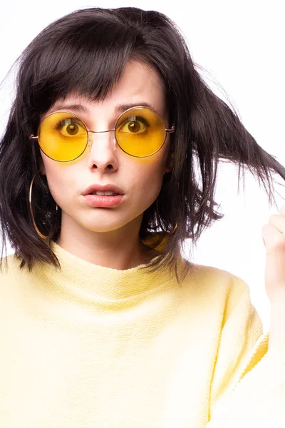 Beautiful Girl Yellow Glasses Yellow Sweater — 스톡 사진