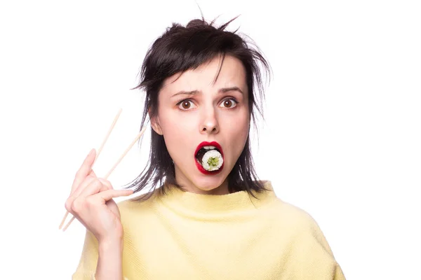 Woman Food Her Hands Sushi Sticks — Stock Photo, Image