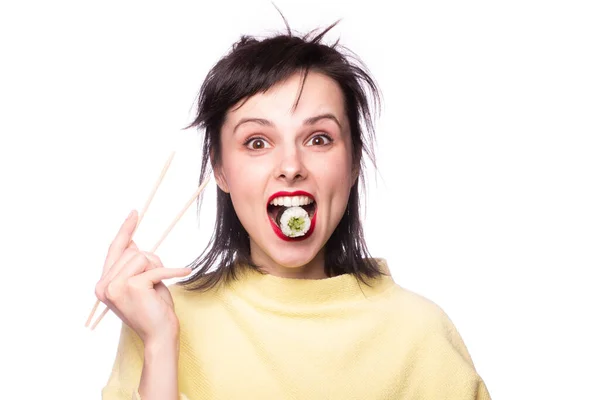 Woman Food Her Hands Sushi Sticks — Stock Photo, Image