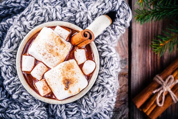 Chocolate quente com marshmallows e canela na caneca — Fotografia de Stock