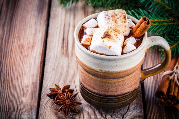 Horká čokoláda s marshmallows a skořice v hrnek — Stock fotografie