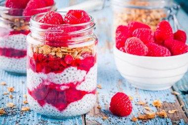 Chia puding frambuaz sos, granola ve taze frambuaz