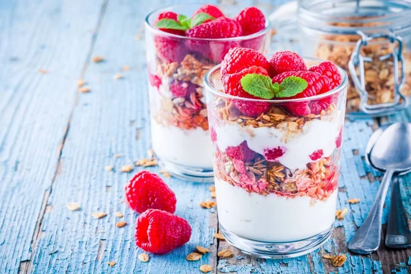 健康的早餐︰ 燕麦与新鲜树莓酸奶冻糕 — 图库照片