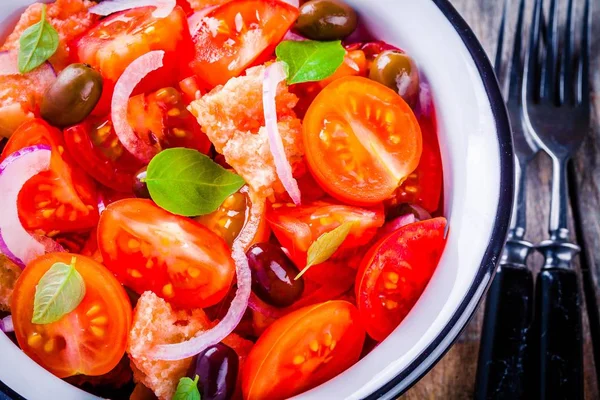 Panzanella: Włoska Sałatka z pomidorów, ciabatta pieczywo, oliwki, czerwonej cebuli i bazylii zbliżenie — Zdjęcie stockowe
