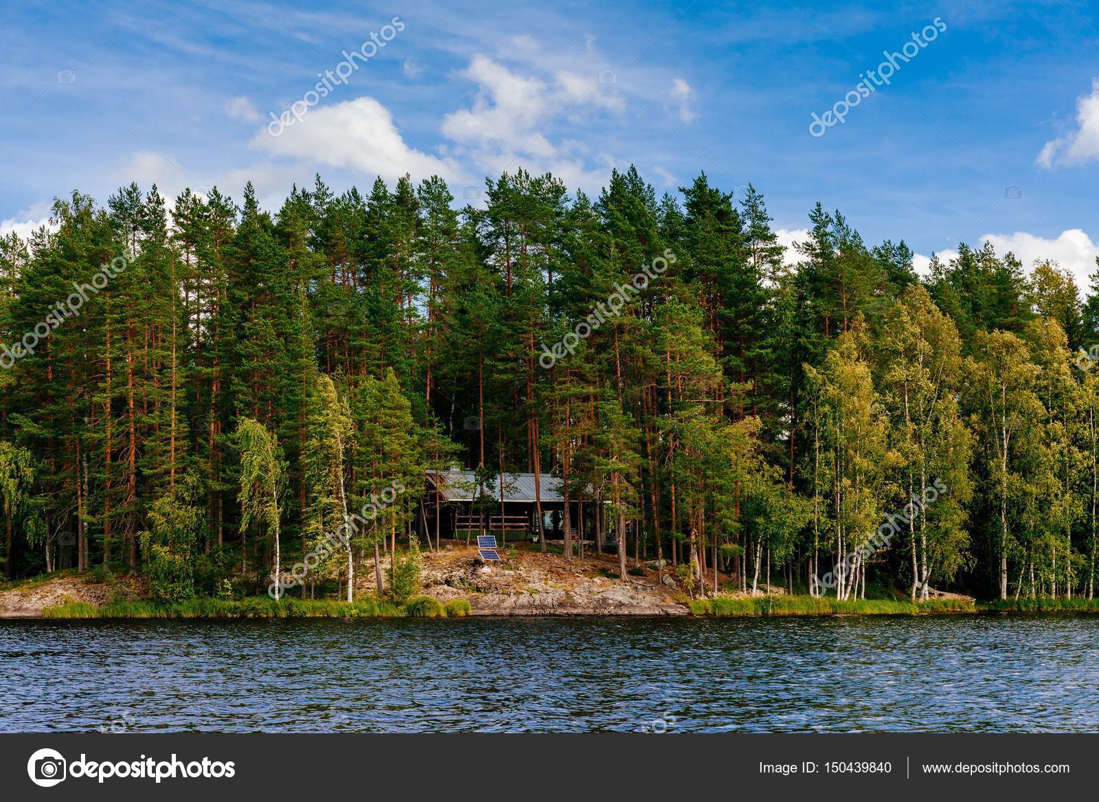 Wooden Log Cabin At The Lake In Summer In Finland Stock Photo