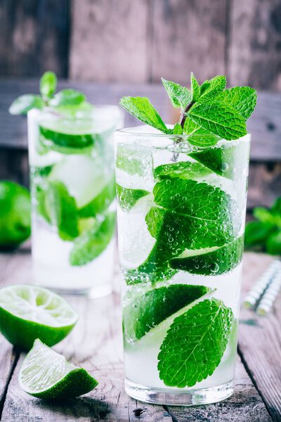 fresh mojito cocktails with lime, mint and ice in glass