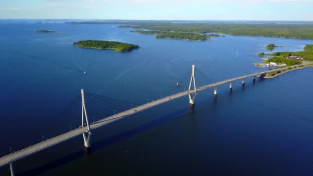 The cable-stayed bridge connecting the islands of the archipelago by a glorious day. — Stock Video