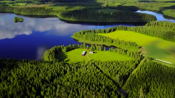 Een uitzicht vanuit de lucht naar een kleine boerderij aan de oever van een prachtig meer, omringd door bossen. — Stockvideo