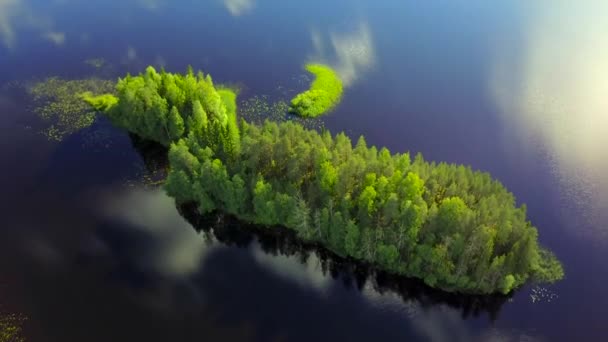 Аэросъемка красивых островов у озера в спокойный летний день . — стоковое видео