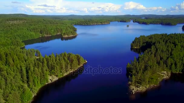 Colpo aereo di belle isole al lago in una tranquilla giornata estiva . — Video Stock