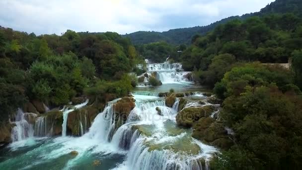 Aerial view of waterfall in a canyon - Krka waterfall, Skradinski buk, Croatia. — Stock Video