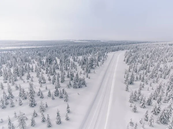 Vista aérea da estrada na floresta de neve de inverno na Finlândia — Fotografia de Stock