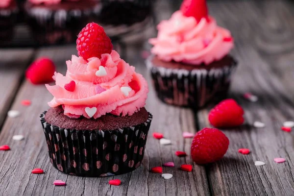 Cupcakes au chocolat à la crème rose, coeurs de sucre et framboises fraîches pour la Saint Valentin — Photo