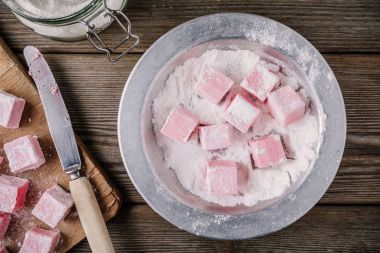 Homemade pink marshmallows. Top view clipart