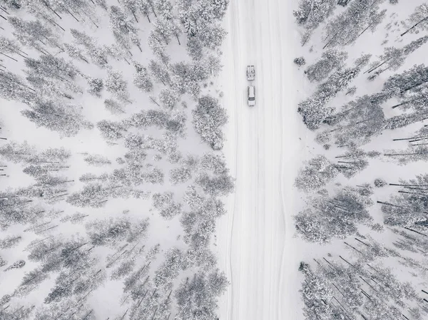 A téli erdő és a hóval borított úton légi drone megtekintése. — Stock Fotó