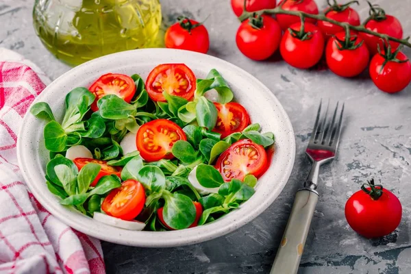 Healthy green salad bowl with tomato and mozzarella on rustic background — Stock Photo, Image