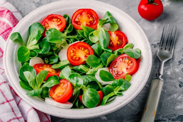Здоровый зеленый салат миска с помидорами и моцареллой на деревенском фоне — стоковое фото