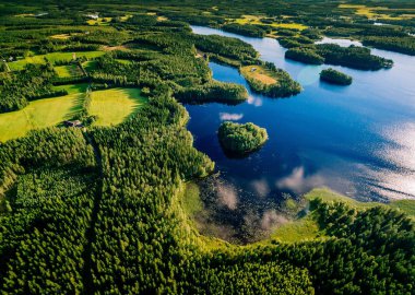 Finlandiya'da bir güneşli yaz gününde Mavi göller ve yeşil ormanlar havadan görünümü. 