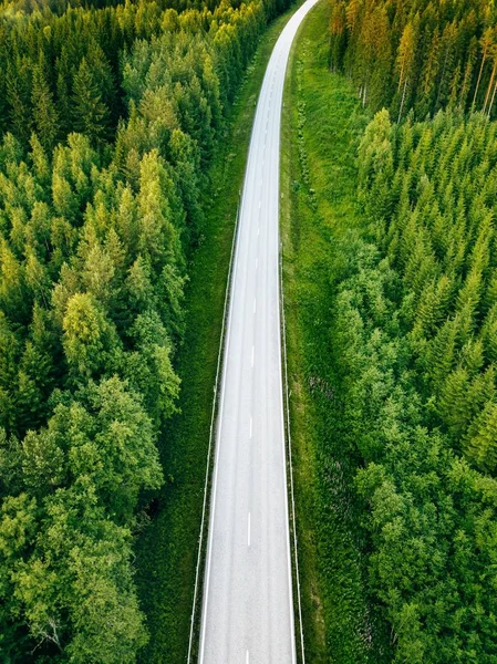 Luchtfoto van bovenaf van landweg door het groene zomer bos in Finland zomer. — Stockfoto