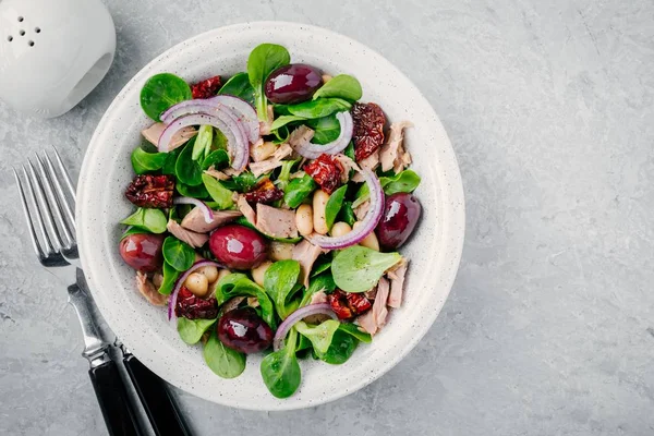 Ensalada con judías blancas, atún, aceitunas, cebollas rojas y tomates secos con hojas de lechuga verde — Foto de Stock