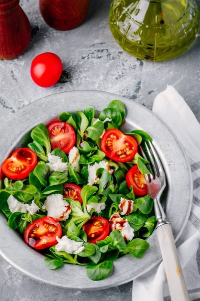 Свіжий салат з зеленим листям, моцарелою, помідорами та бальзамічним соусом — стокове фото