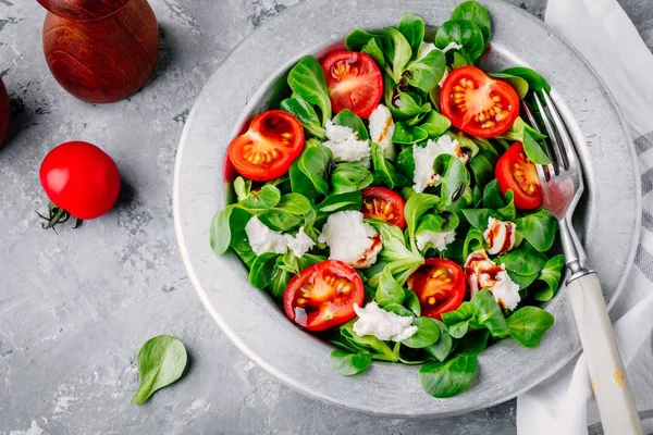 Fresh salad bowl with green leaves, mozzarella, tomatoes and balsamic sauce — Stock Photo, Image