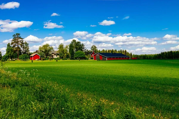 Granero tradicional de granja roja con adornos blancos en pastos abiertos con cielo azul en Finlandia —  Fotos de Stock