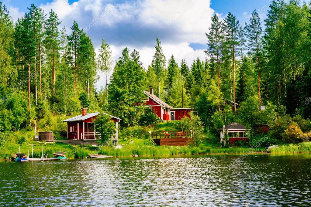 A traditional Finnish wooden cottage with a sauna and a barn on the