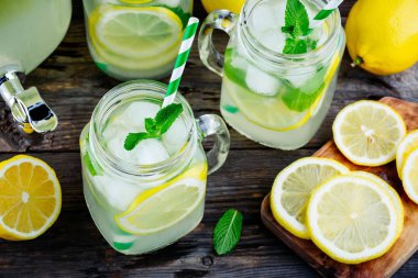 Nane, buz ve mason kavanozunda taze limon dilimleri ile ev yapımı limonata. 