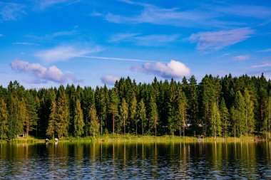 Pastoral kırsal manzara manzara mavi göl ve sahilde ev ile. Yazlık Finlandiya.